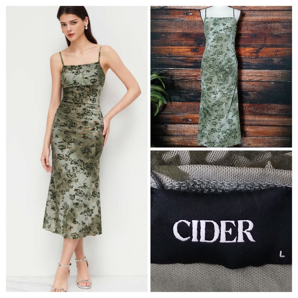 NWT Cider Midi Dress L Olive Green Floral Ruched Stretch